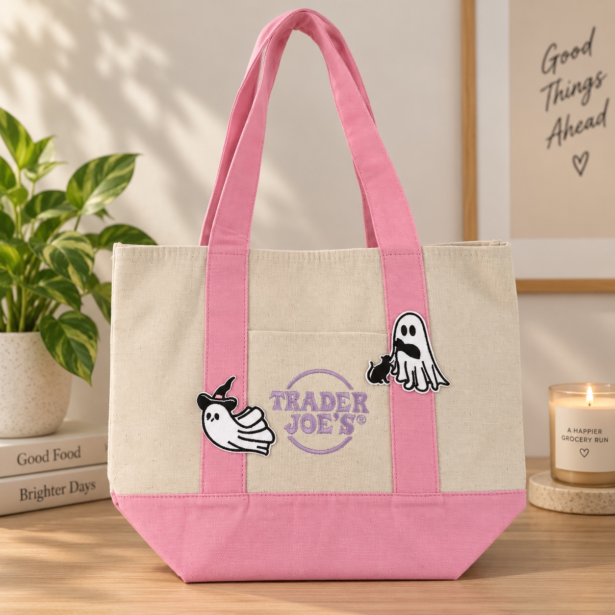 Pink and cream Trader Joe's mini tote with ghost patches